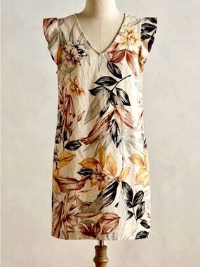 Tropical Print Sleeveless Linen Dress